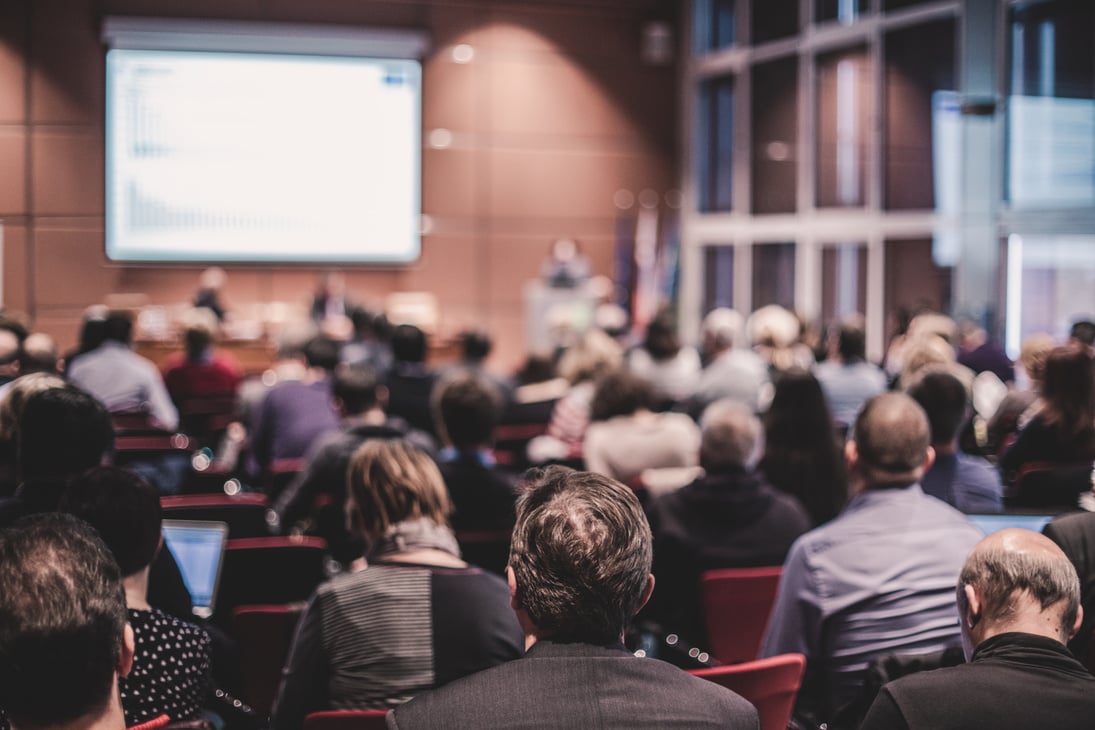 Audience in Lecture Hall Participating at Business Event.